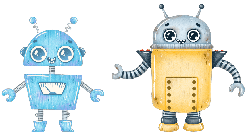 a blue and a yellow robot standing side by side