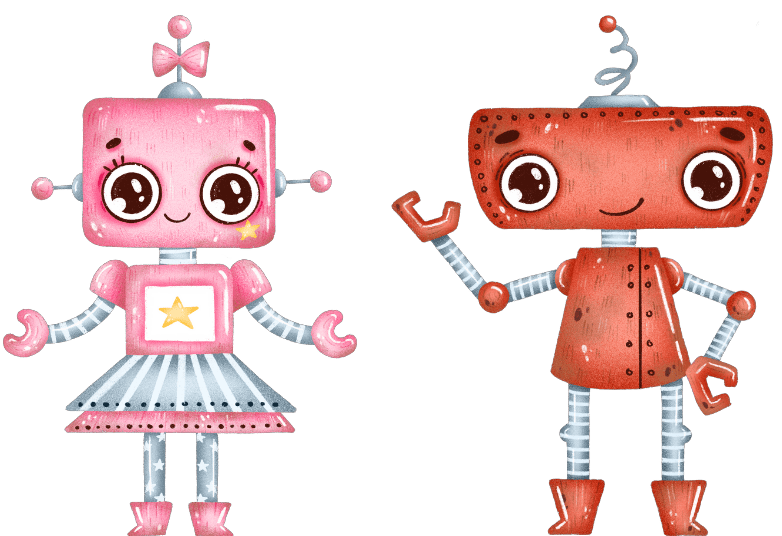 a pink and a red robot standing side by side